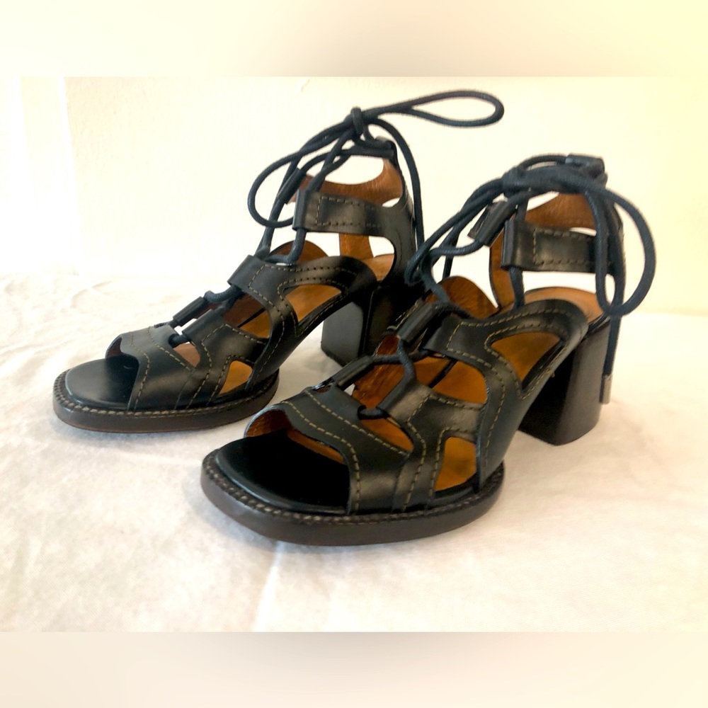 Chloe Black Leather Lace Up Shoes Gaile Gladiator Heeled Sandal Size 37.5